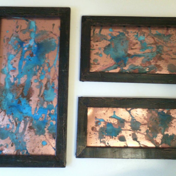 Copper Wall Art - Blue Patina Splatter - 3 piece set - Black Crackle Framed