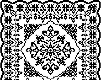 May include: Black and white geometric pattern with a repeating design of stylized flowers and leaves. The pattern is symmetrical and has a central motif.