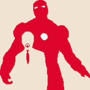 May include: A red silhouette of a superhero standing over a person in a suit. The superhero has a white circle on their chest.