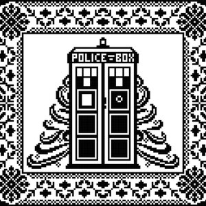 May include: Black and white pixel art illustration of a police box with the text "POLICE BOX" on the side. The police box is surrounded by a black and white patterned border.