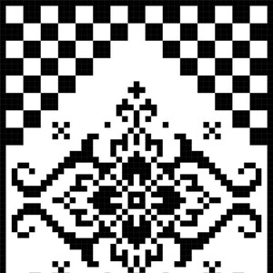 May include: Black and white geometric pattern with a repeating design of stylised flowers and leaves. The pattern is framed by a black and white chequered border.