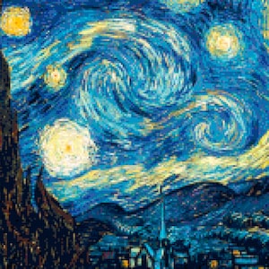 May include: A painting of a starry night sky with swirling clouds and a bright yellow moon. The sky is a deep blue with white and yellow stars. There are also some dark trees in the foreground.