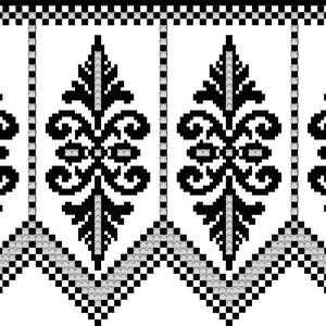 Könnte beinhalten: Schwarz-weißes geometrisches Muster mit einem sich wiederholenden Design aus stilisierten floralen Motiven. Das Muster ist von einem schwarz-weißen karierten Rand umgeben.