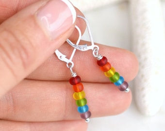 Sterling silver Rainbow sea glass earrings with secure lever backs • Perfect for sensitive ears • Cute rainbow dangles • Colorful gift ideas