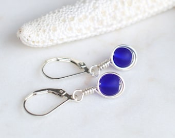 Sterling silver earrings • Small sea glass dangles with lever backs or hooks • Choose from many colors • Everyday earrings