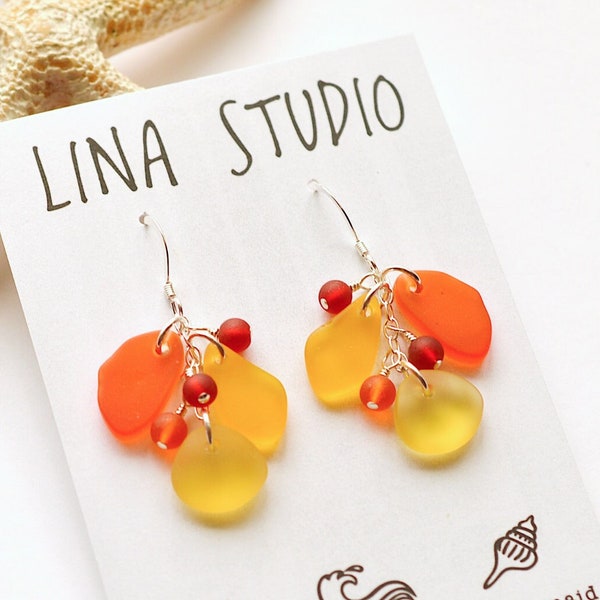 Yellow orange red sea glass earrings dangle earrings sterling silver earrings with lever backs yellow beach glass handmade earrings gift