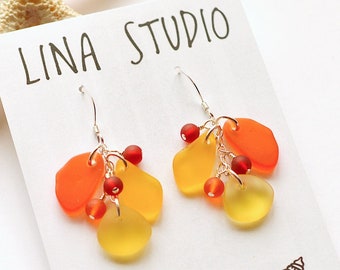 Yellow orange red sea glass earrings dangle earrings sterling silver earrings with lever backs yellow beach glass handmade earrings gift