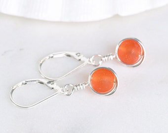 Sterling silver Orange sea glass earrings for women lever backs leverbacks Birthday gift for her Small earrings for daughter gift girl wife