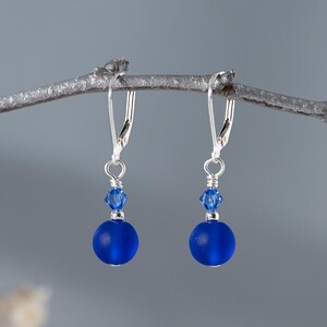 Small cobalt blue dangle earrings: Sterling silver hypoallergenic ear wires, Lever backs, Dainty drop