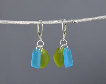 Blue and green sea glass earrings duo dangle earrings beach glass fun earrings bright colors sea glass jewelry sterling silver lever backs