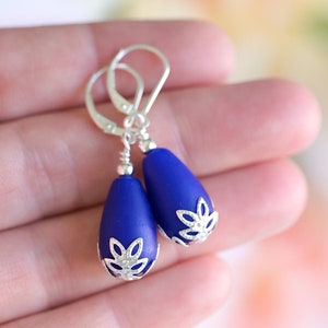 Cobalt blue sea glass earrings sterling silver lever backs flower dangle earrings for women gift for her dainty cute gift mom mothers day
