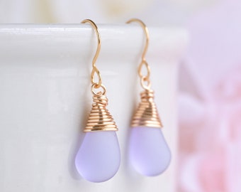 Gold earrings Lever backs Purple sea glass earrings for women Beach glass jewelry Gift for her Sterling silver dangle earrings Leverback