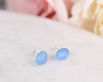 Small sterling silver blue sea glass stud earrings for women Cute tiny studs light blue sea glass jewelry ideas daughter mom wife for her