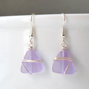 Lavender sea glass earrings purple sea glass jewelry wire wrapped earrings lever back earrings leverback earrings beach glass seaglass