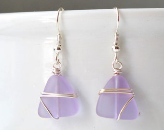 Lavender sea glass earrings purple sea glass jewelry wire wrapped earrings lever back earrings leverback earrings beach glass seaglass