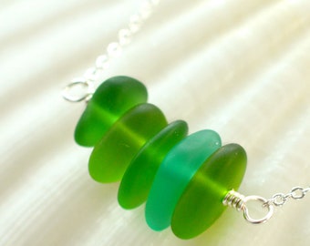 Green sea glass necklace: Beach glass pendant necklaces, Handmade frosted jewelry, Sterling silver chain