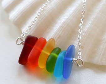 Rainbow sea glass necklace rainbow necklace rainbow jewelry rainbow pendant gift rainbow beach glass necklace summer rainbow colors wedding