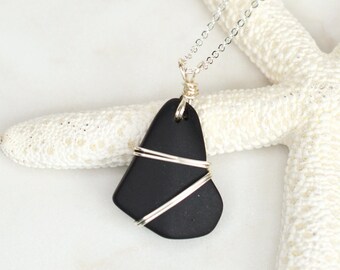 Black sea glass necklace • Wire wrapped pendant • Beach glass jewelry • Unique design and a statement piece • Anniversary gift for her