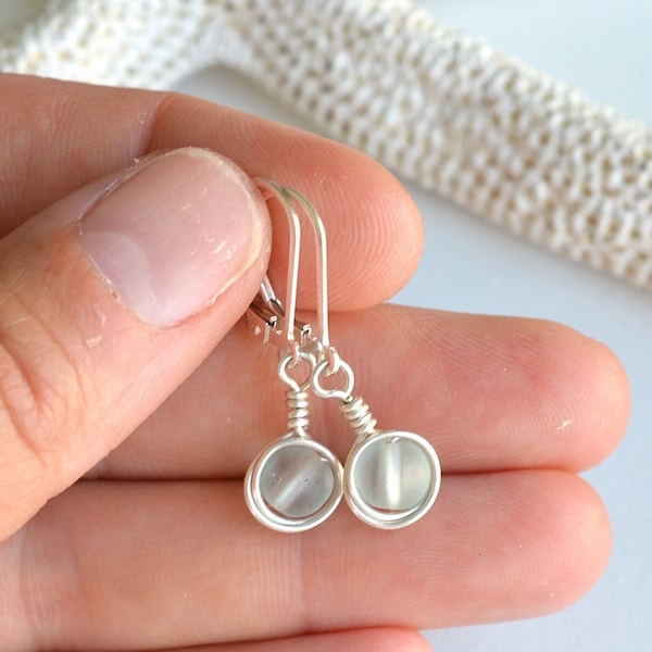Small sea glass earrings: sterling silver dangles, Lever backs, Everyday earrings, Tiny dainty drop