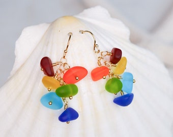 Gold sea glass earrings • Rainbow jewelry • Gold filled beach glass with regular hooks or lever backs • Handmade colorful earrings for women