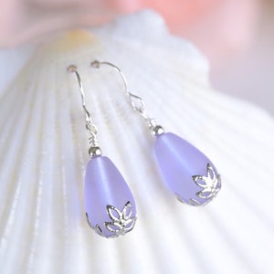 Purple sea glass earrings beach glass dangle earrings for women sterling silver lever backs birthday gift for her mother&#39;s day gift ideas