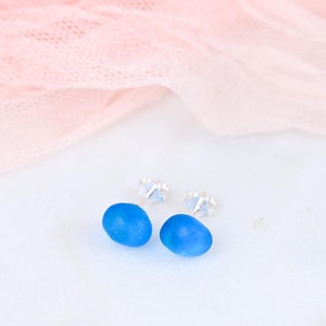 Blue sea galss stud earrings Small sterling silver studs blue beach glass post earrings Frosted glass sea glass jewelry birthday gift ideas