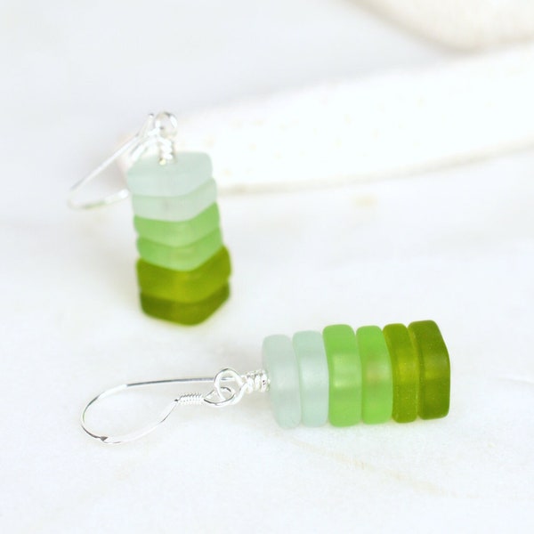 Green sea glass earrings for women • Handmade beach glass jewelry • Sterling silver option • Hooks and lever back ear wires • Birthday gift