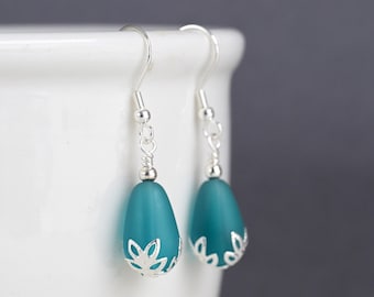 Blue sea glass earrings with flowers leaves Sterling silver lever backs Beach glass earrings for women Sea glass jewelry gift ideas for her