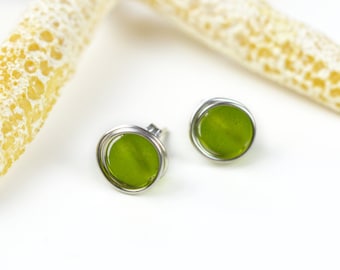 Green sea glass studs: 30 colors, Bach glass jewelry, Small sterling silver stud earrings