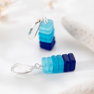 Blue sea glass earrings: Shades of blue dangle drop earrings, Sterling silver lever backs, Great for sensitive ears, Handmade jewelry gift
