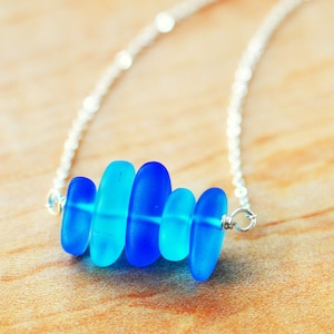 Blue sea glass necklace blue seaglass jewelry shades of blue beach glass jewelry beach style necklace sterling silver and sea glass