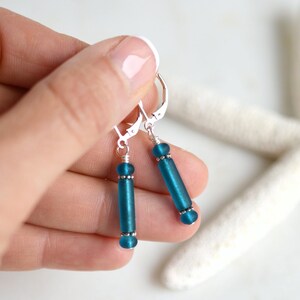 Dark blue sea glass earrings • Sterling silver lever back dangle earrings •  Handmade jewelry • Blue earrings • Mom birthday gift ideas