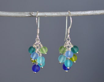 Blue and green sterling silver earrings with lever backs blue sea glass earrings green sea glass jewelry birthday gift for mom ocean lovers