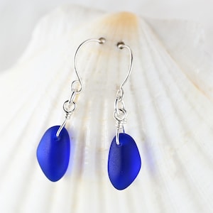 Blue Sea Glass Earrings, Sterling silver lever backs, Handmade dainty dangle