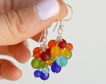 Rainbow sea glass earrings beach glass earrings sterling silver earrings lever back earrings rainbow earrings gift for mom gift for her