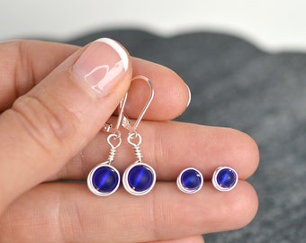 Cobat blue sea glass earrings set • Sterling silver dangle earrings and mini studs • Lever backs • Everyday earrings for women gift for her