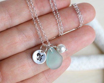 Custom necklace • Made with sterling silver materials • Aqua sea glass and initial of your choice • Personalized jewelry • Birthday gift
