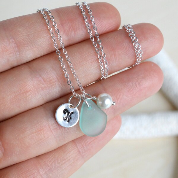 Custom initial necklace Sterling silver aqua sea glass necklace Personalized necklace gift for her Monogram charm neckalce Custom jewelry