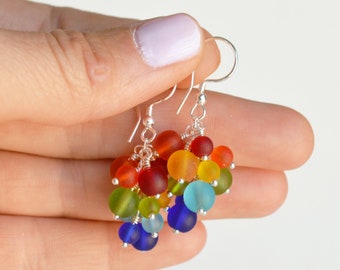 Rainbow earrings: Sterling silver ear wires, Frosted sea glass dangle earring, Rainbow jewelry gift