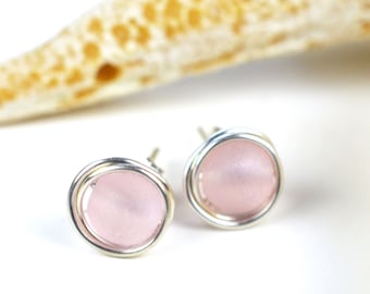 Pink sea glass sterling silver stud earrings Cape Cod tiny light pink studs seaglass post earrings handmade jewelry birthday gift for her