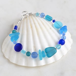 Blue sea glass bracelet Sterling silver lobster toggle magnetic clasp Custom bracelet Cute cobalt blue light navy bracelet gift for her