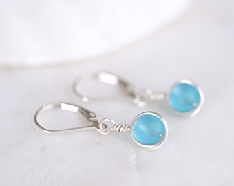 Light blue sea glass earrings: Small sterling silver lever back dangles, Beach jewelry gift