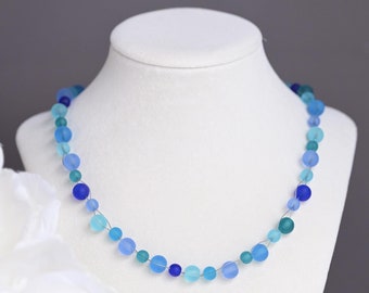 Blue sea glass necklace: Custom length, Frosted bead necklace, Shades of blues