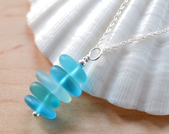 Light blue sea glass necklace stacked sea glass pendant shades of blue beach glass necklace handmade necklace something blue linacolors gift