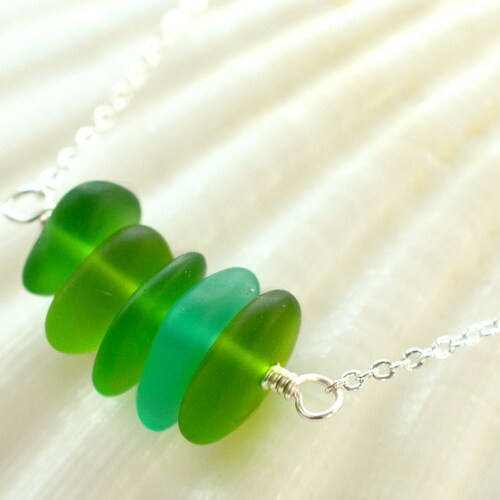 Sea Glass & Sterling Silver Necklace Shades of Green - Etsy