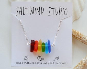 Rainbow sea glass necklace beach wedding jewelry bridesmaids favors gift for sister gift for mom rainbow gift rainbow jewelry sea glass gift