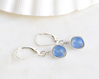 Blue sea glass earrings Lever back earrings for women Sterling silver earrings Sea glass jewelry Dangle earrings wire wrapped earrings gift