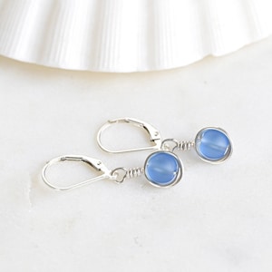 Blue sea glass earrings Lever back earrings for women Sterling silver earrings Sea glass jewelry Dangle earrings wire wrapped earrings gift