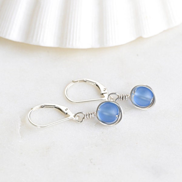 Blue sea glass earrings Lever back earrings for women Sterling silver earrings Sea glass jewelry Dangle earrings wire wrapped earrings gift