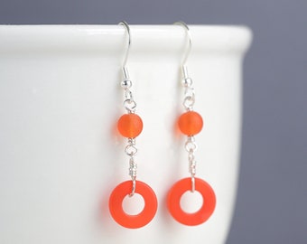 Orange sea glass earrings Sterling silver dangle earrings for women Lever backs hypoallergenic earrings Mother's day gift for her mom mother